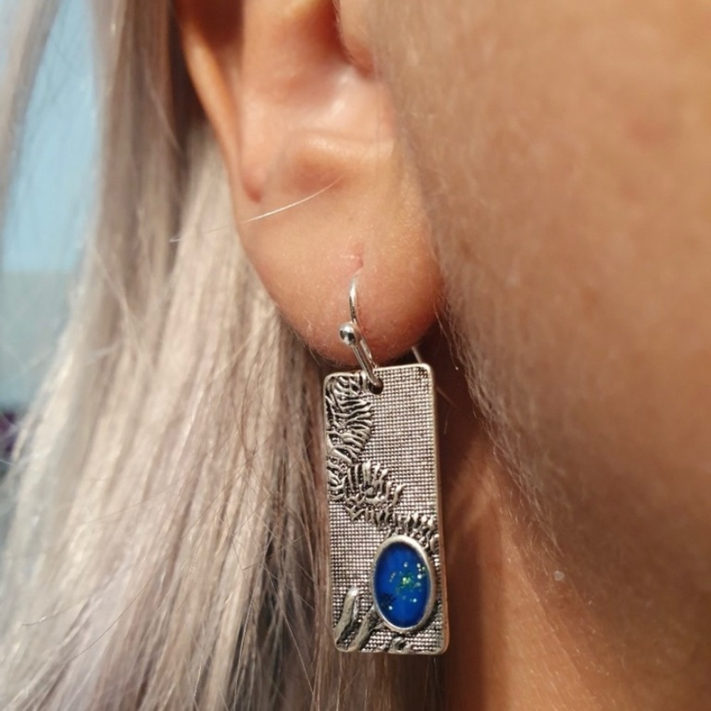 Square pendant hoop earring with turquoise gem